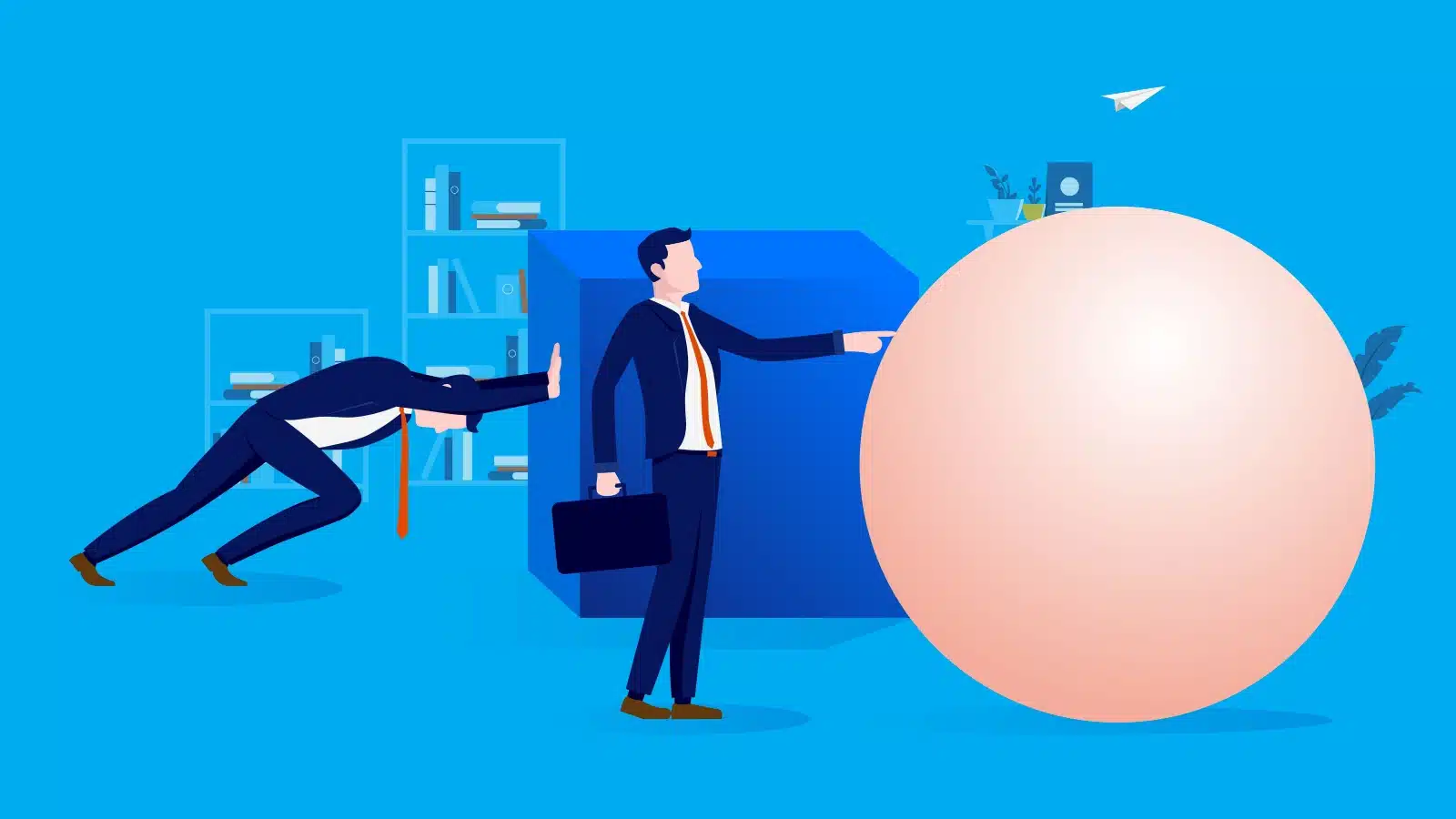 A man effortless pushes a ball forward, while someone in the background struggles to push a cube.