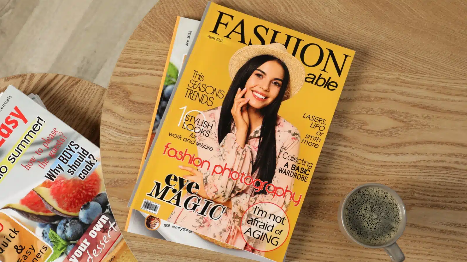 Magazines on a wooden table.