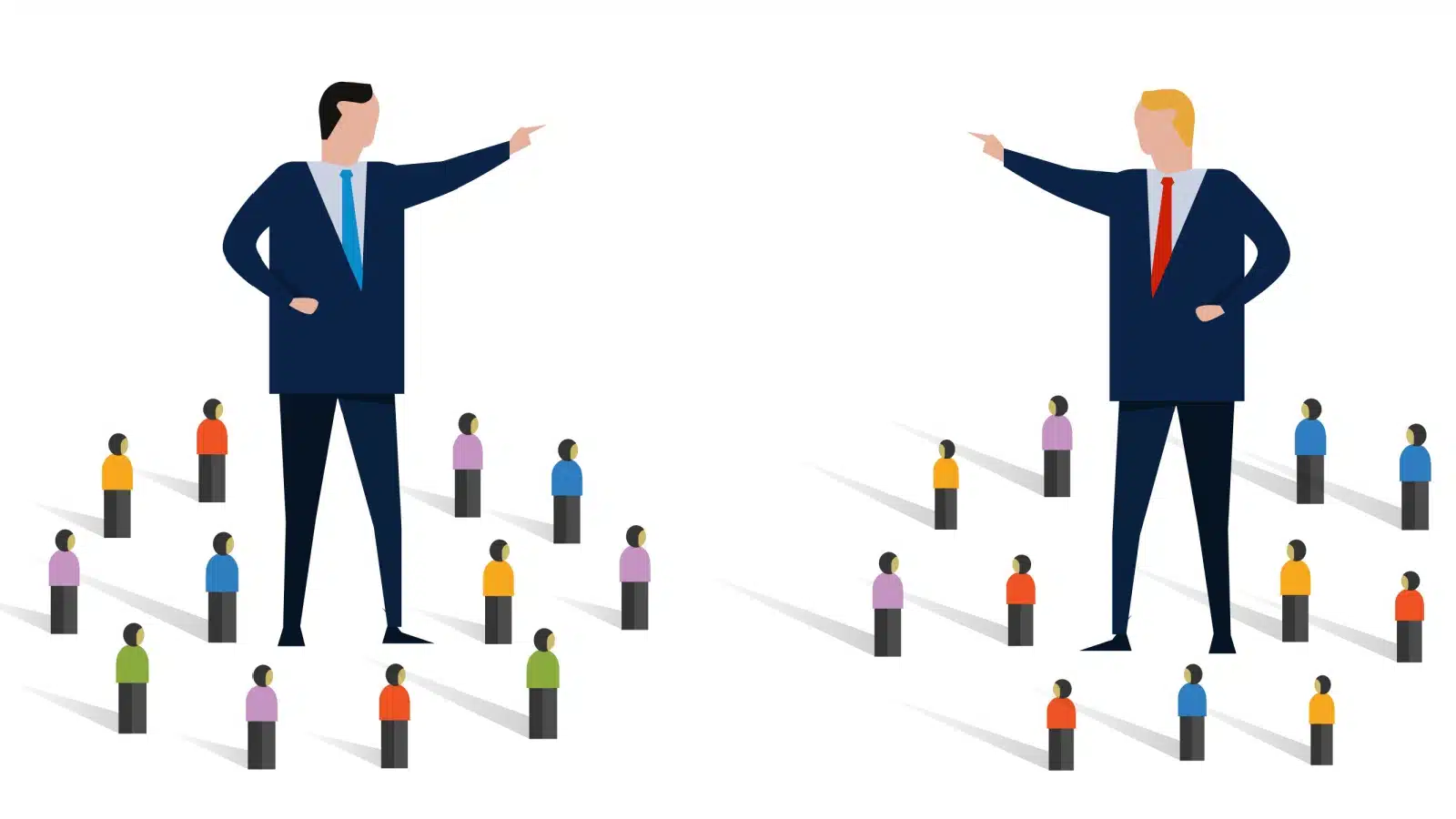 Illustration of two massive politicians standing among their teams, yelling at each other, to illustrate how society is divided.