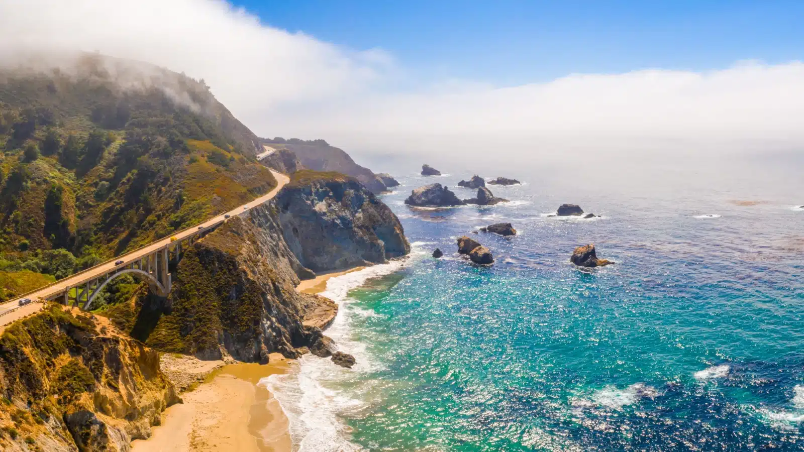 An aerial view of a stretch of scenic highway on the 101 between Los Angeles and San Francisco.