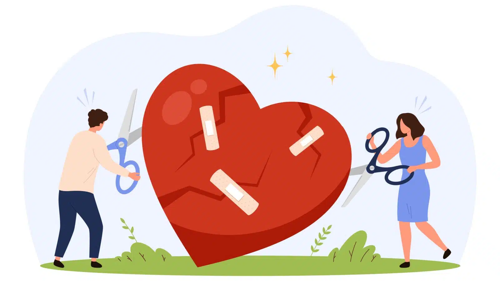 A man and a woman cut at an already wounded heart with scissors to represent toxic romance.