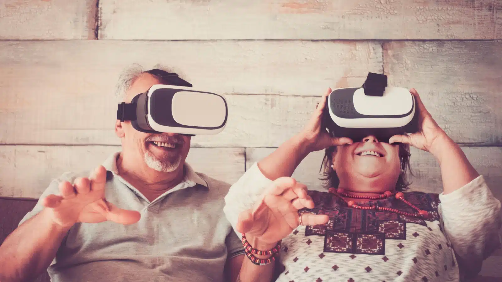 An older couple tries VR headsets for the first time to represent trying new things.