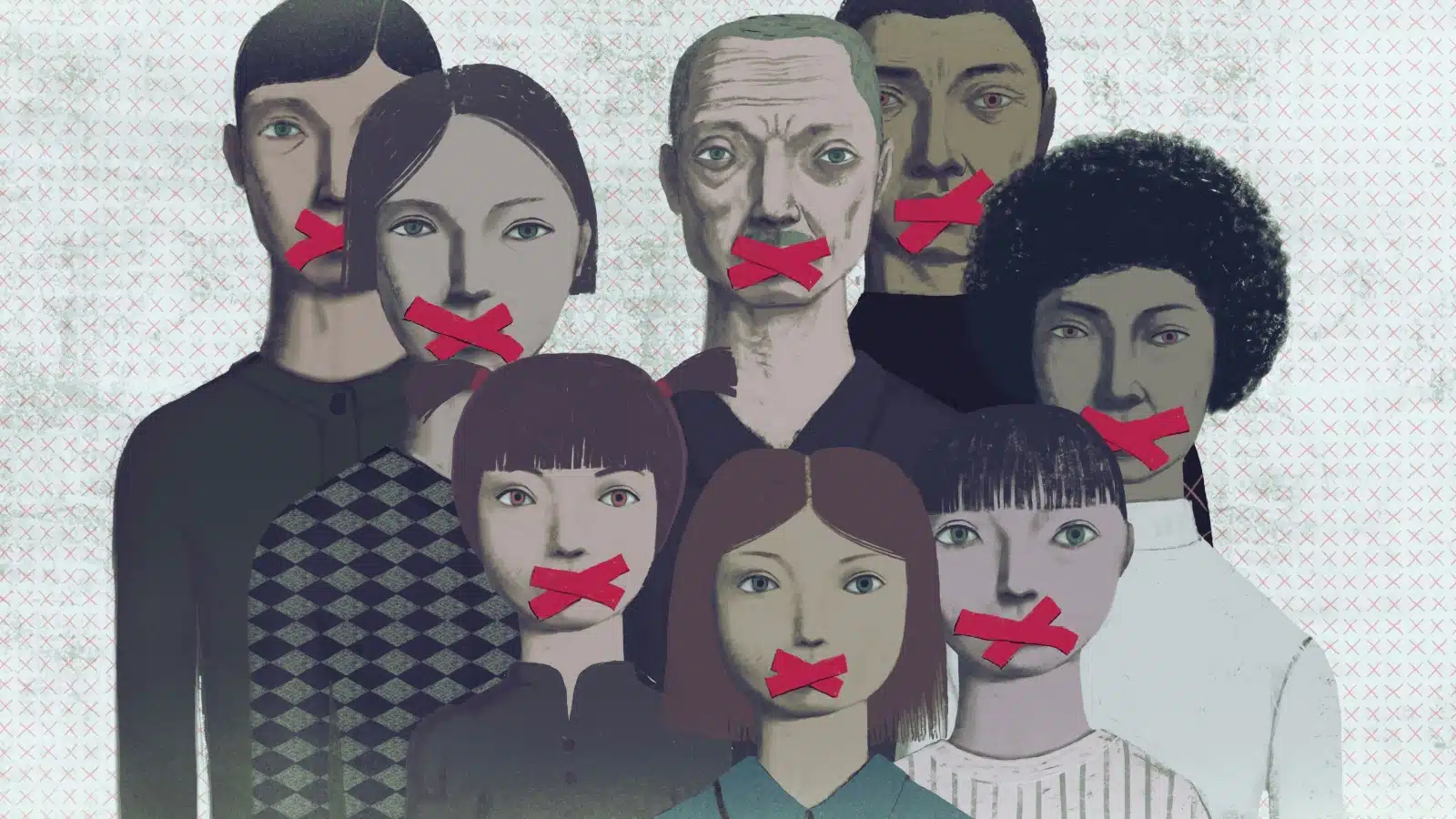 Political art representing the biggest mistakes in history. Paintings of people with red tape over their mouths to represent a loss of freedom and individuality. 