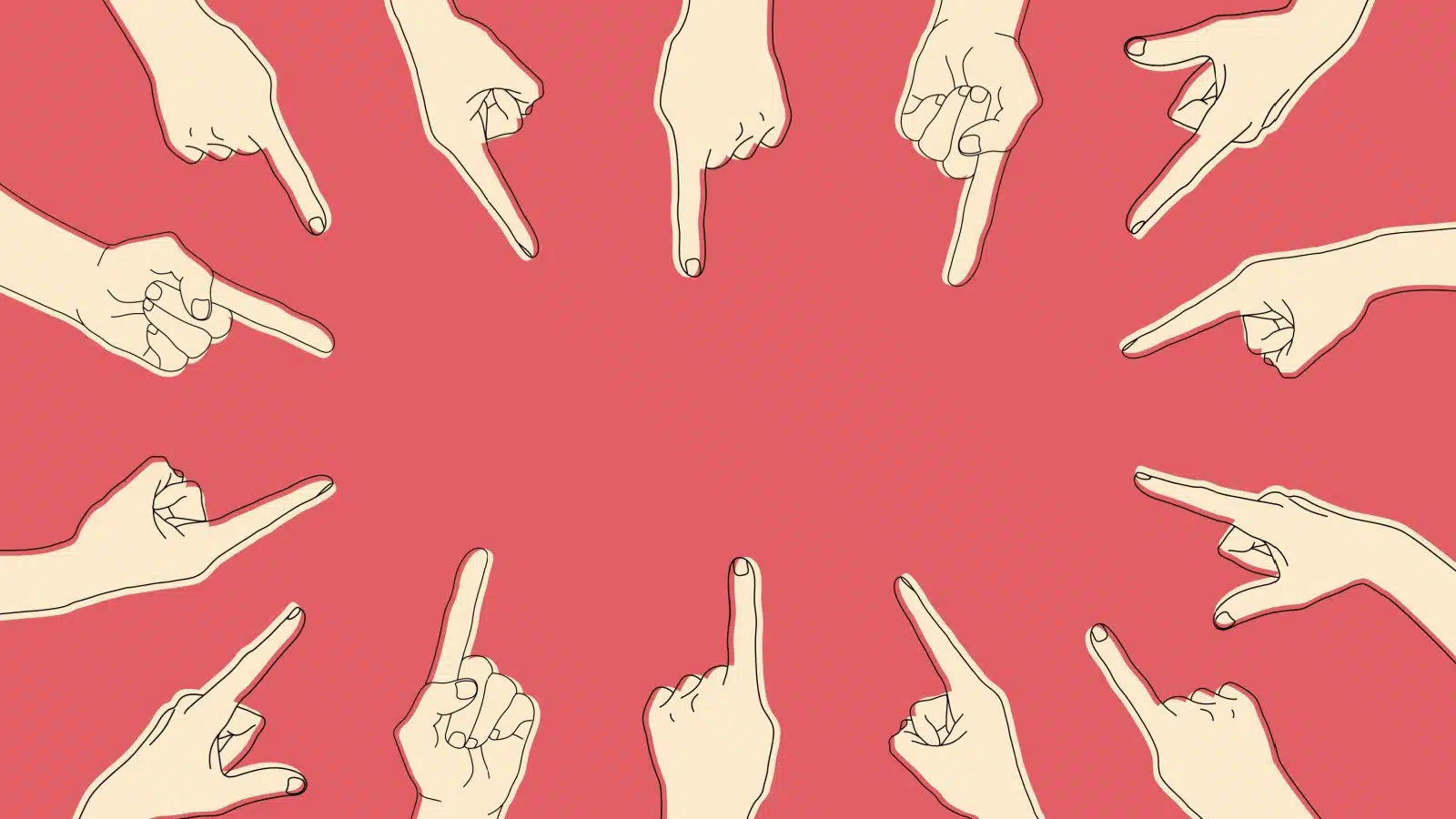 Fingers all pointing at one-another to highlight that everyone is to blame.