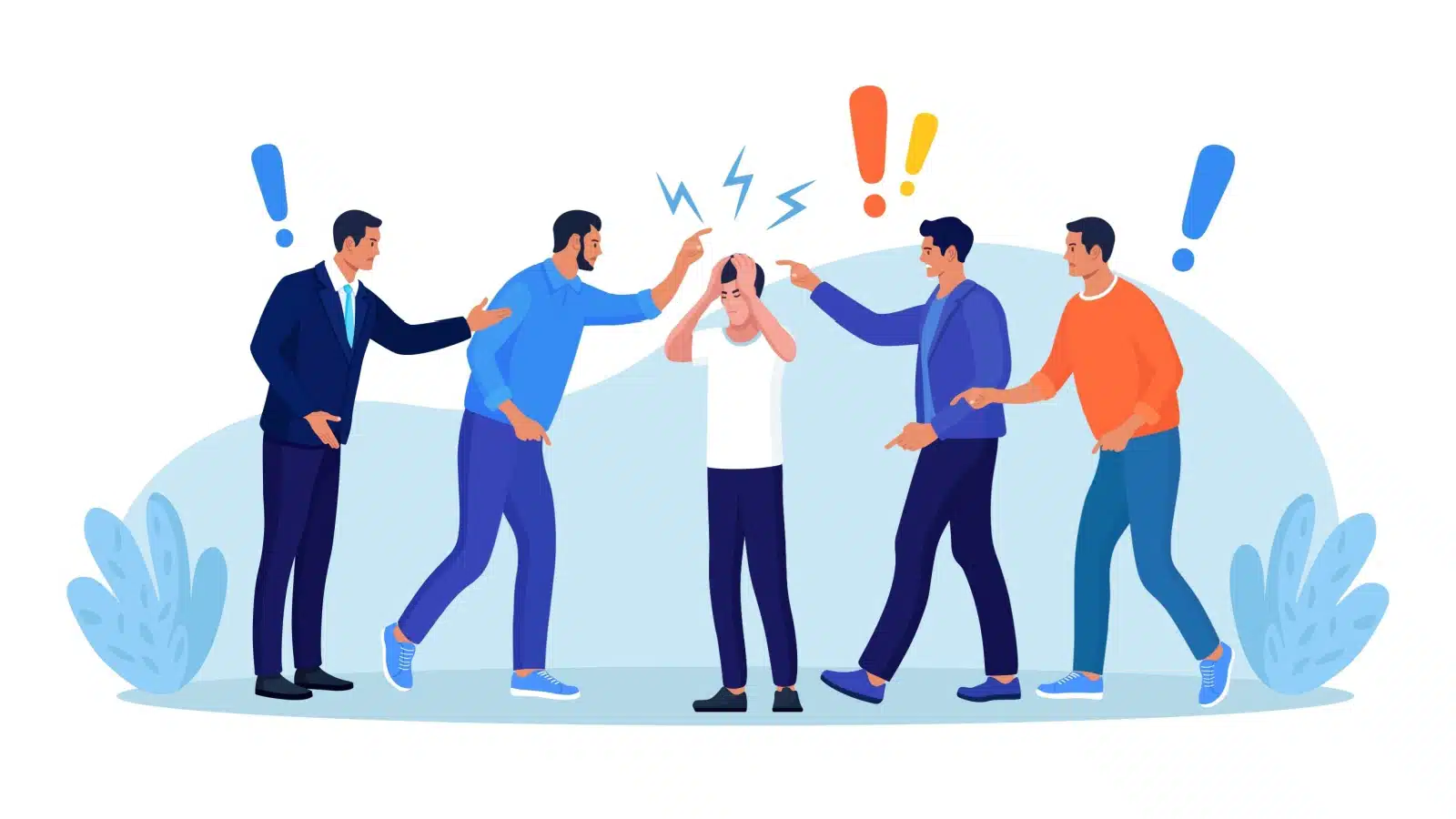 Four people bully a man, keeping him down and making him question his self-worth.