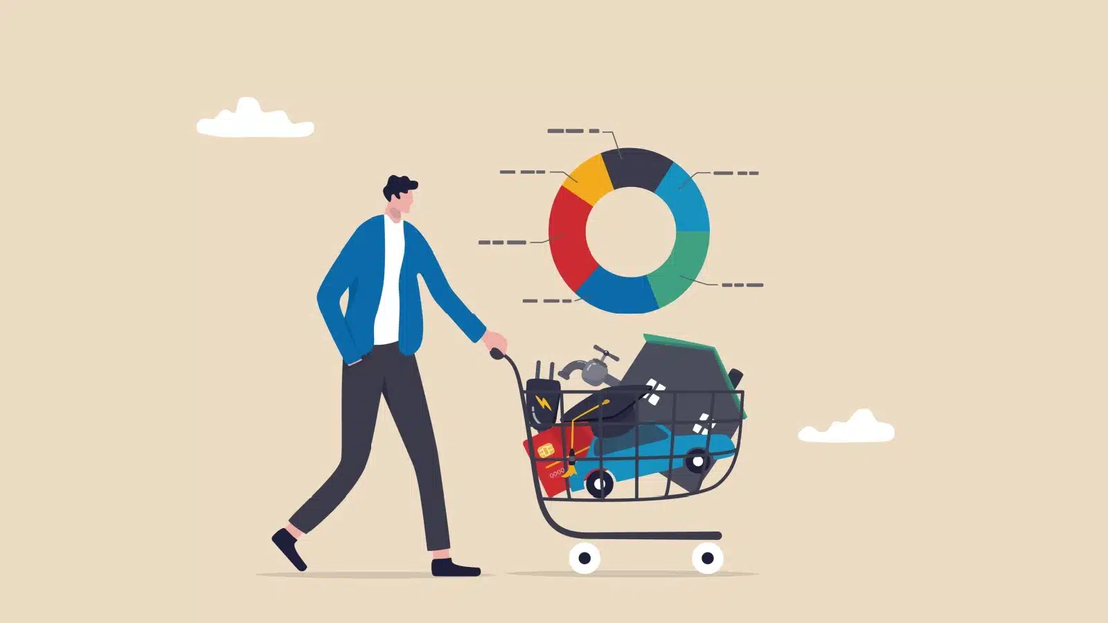 A man pushes a shopping cart with a house, car, and other living expenses inside to represent the cost of living.