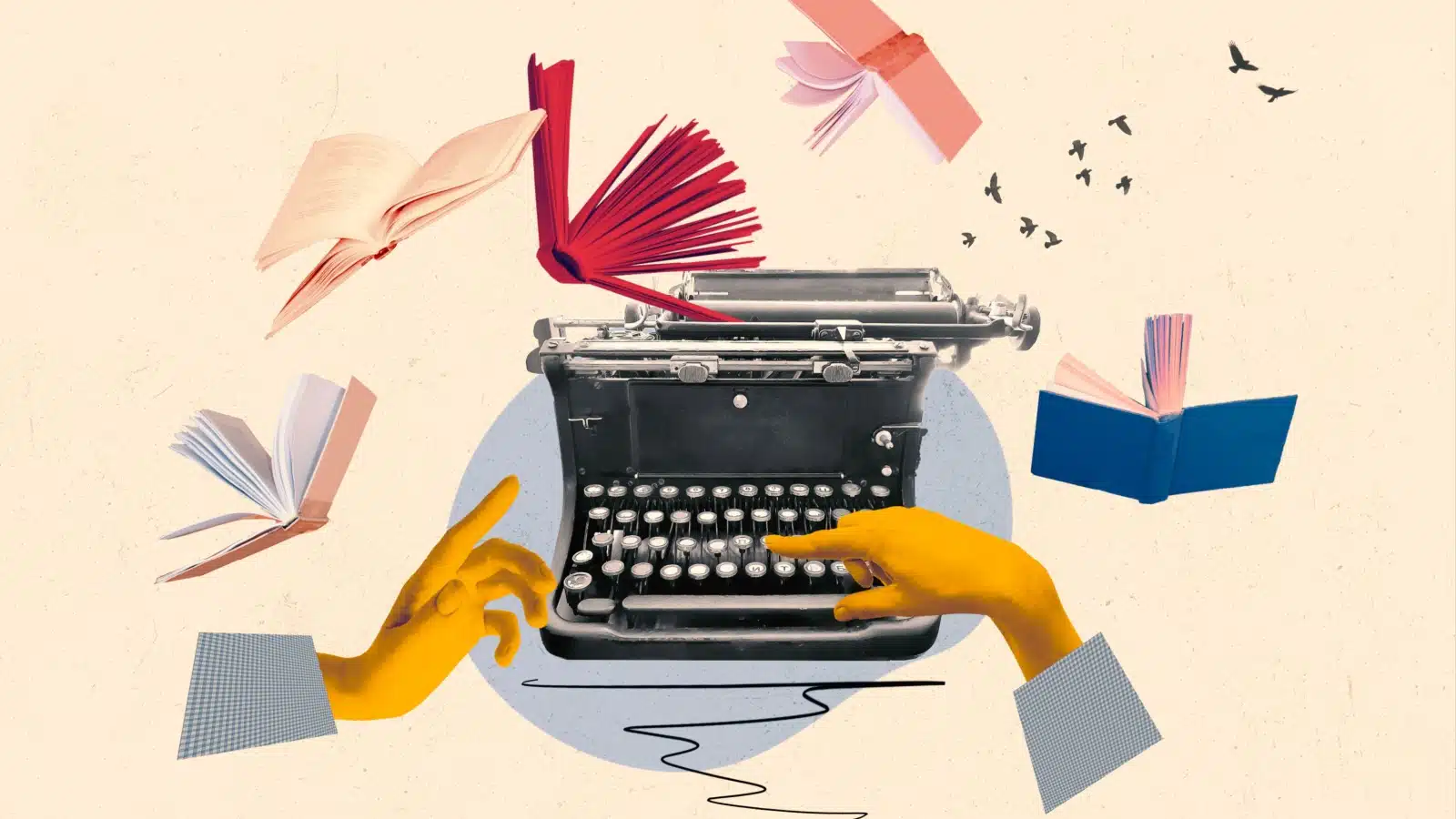 A pop art collage of a typewriter, hands typing and floating books.
