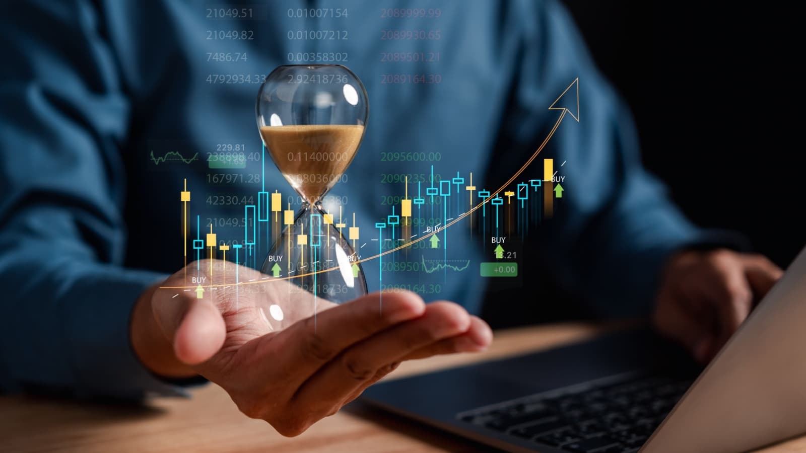 An investor holds an hourglass in his palm, while a stock chart shows ups and downs, along with long term growth to represent dollar cost averaging.