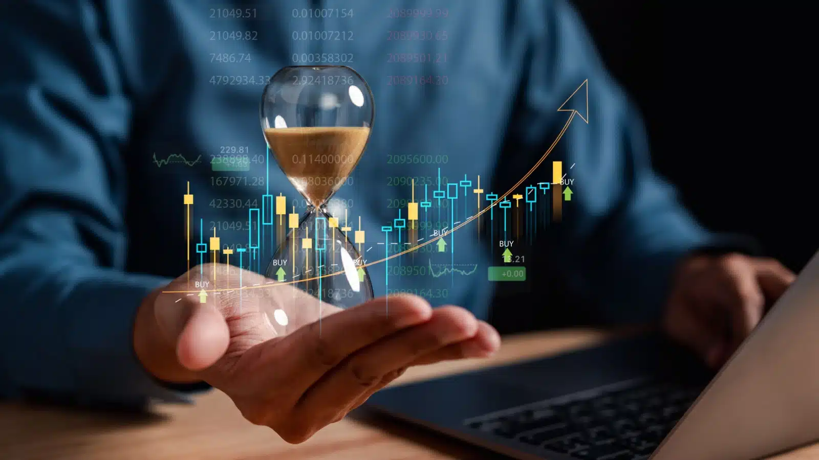 An investor holds an hourglass in his palm, while a stock chart shows ups and downs, along with long term growth to represent dollar cost averaging.