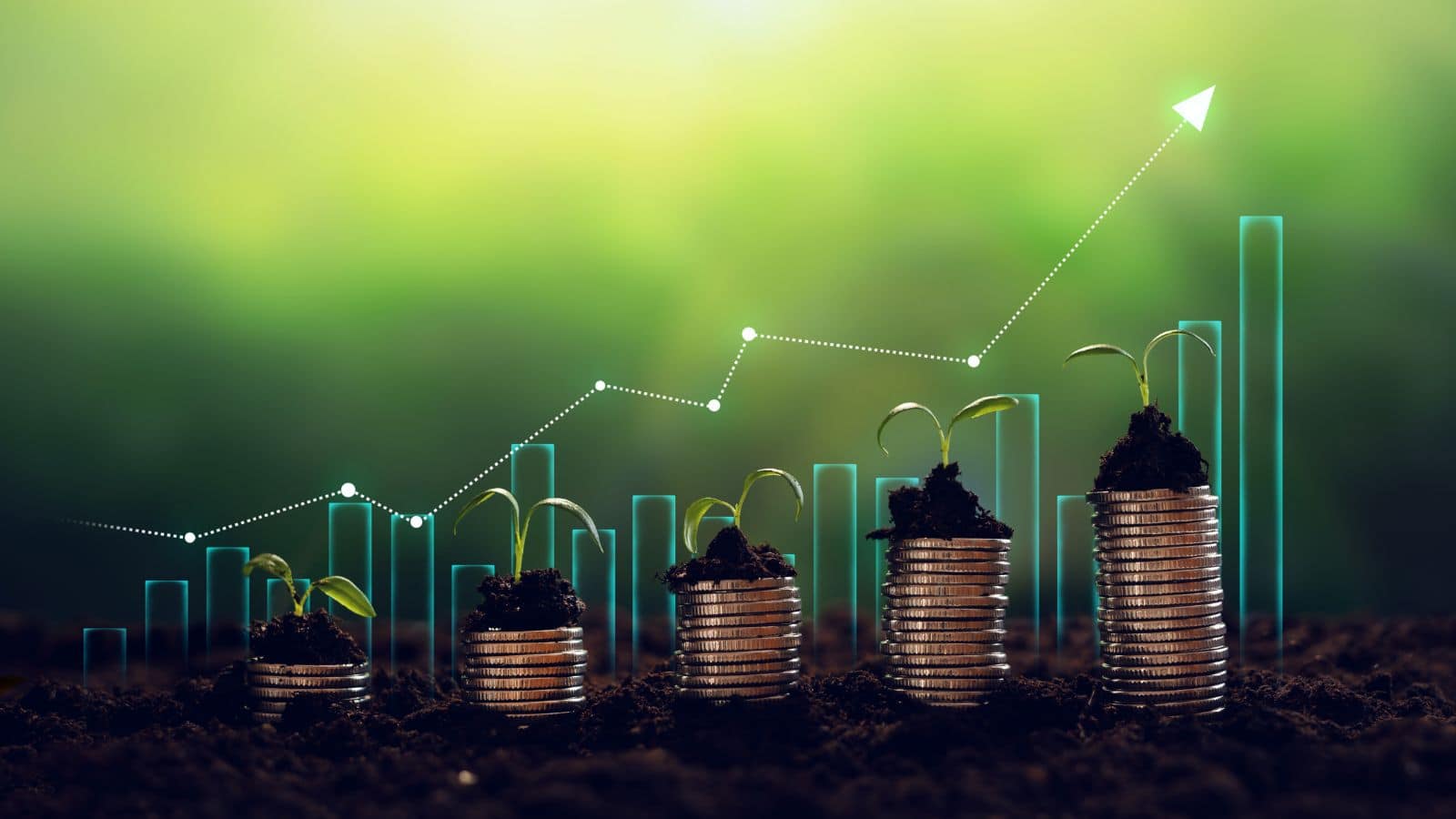 An investment chart with ups and downs, but the coin stacks in front of it steadily grow over time to represent dollar cost averaging.