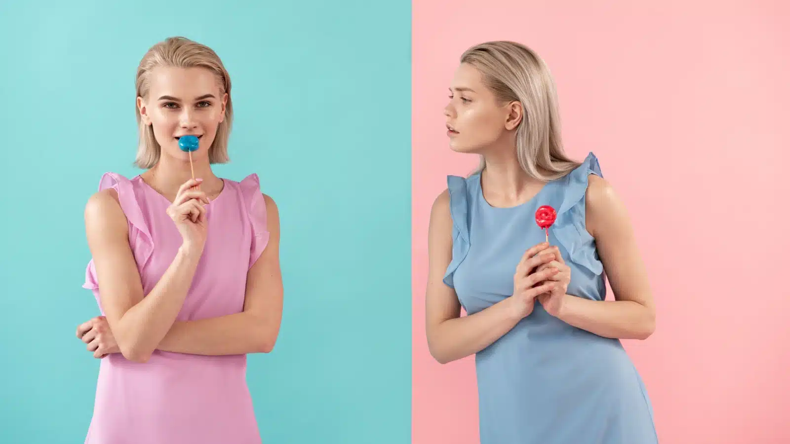 Two women each have a lollipop, but one is too busy comparing hers to her friends to enjoy what she has.