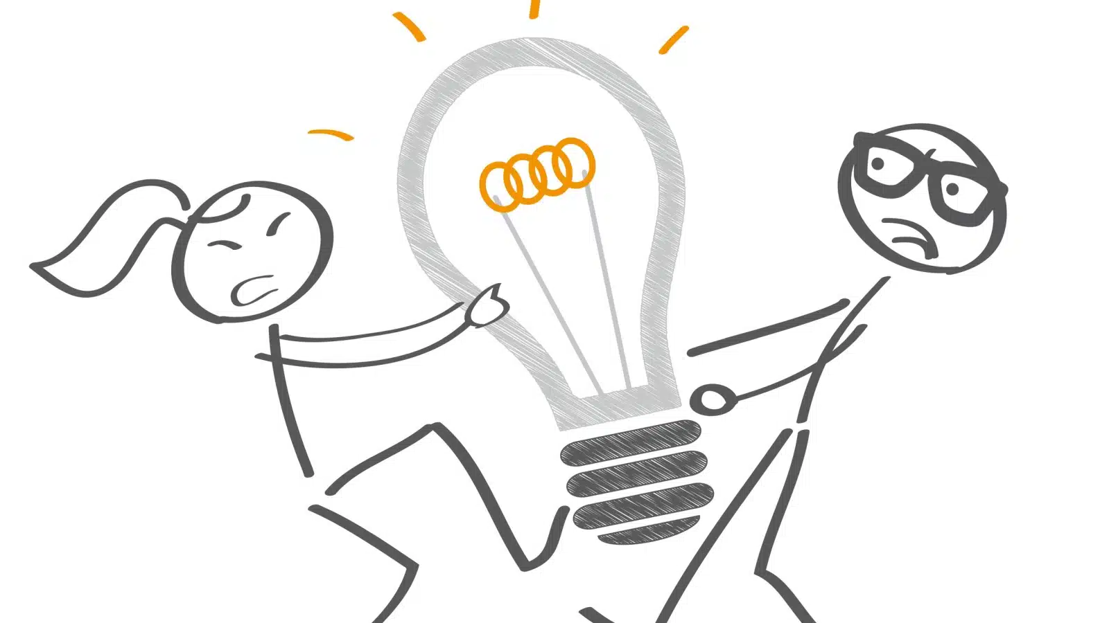 A cartoon man and woman fight over a lightbulb, to represent fighting over an idea.