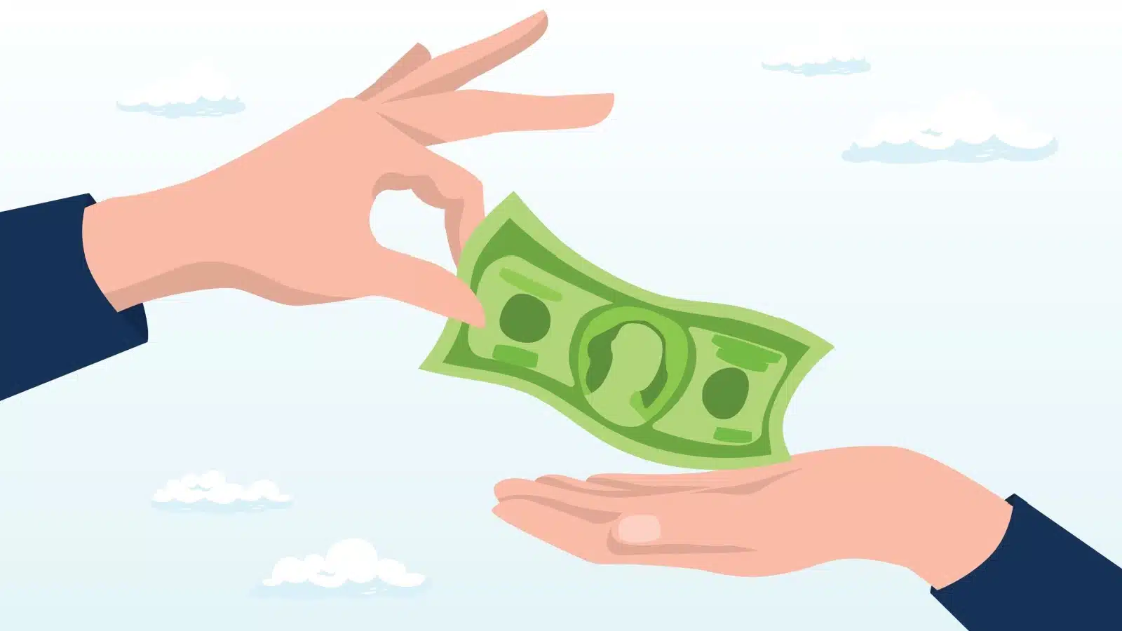 A hand is lending money to another, outstretched hand.