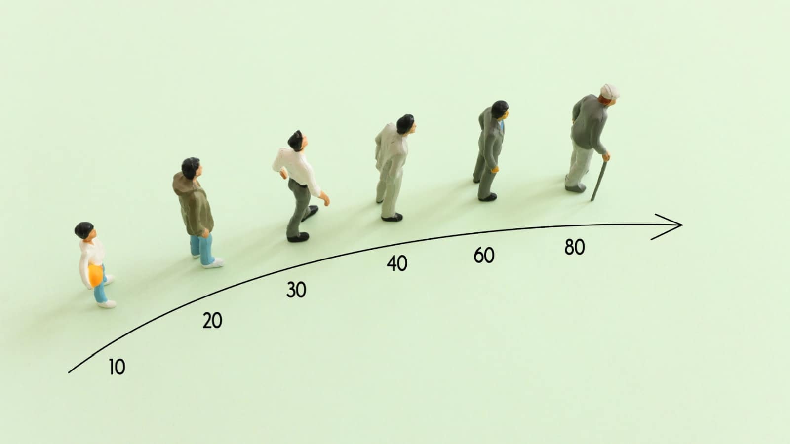 Concept art showing life stages from childhood to becoming a senior.