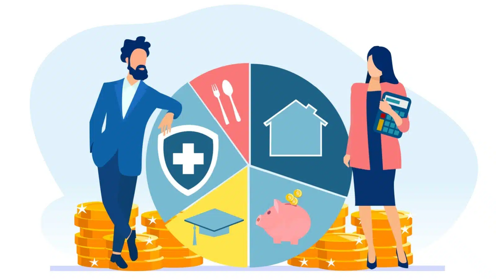 Cartoon of two people standing next to a pie chart showing some of the basic living expenses.