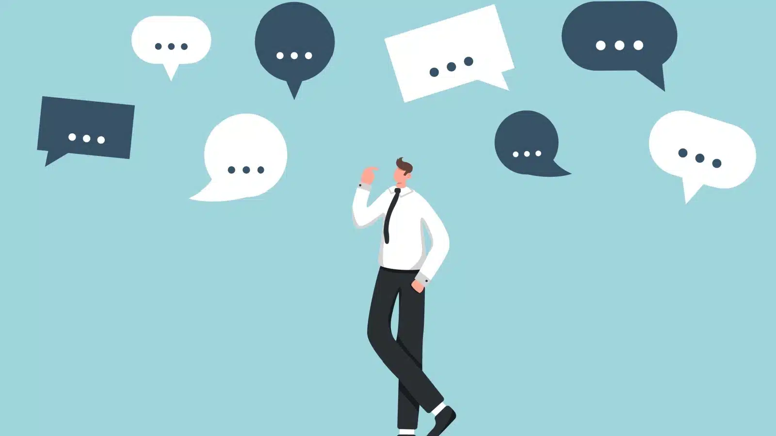A man surrounded by thought bubbles representing other people's opinions.