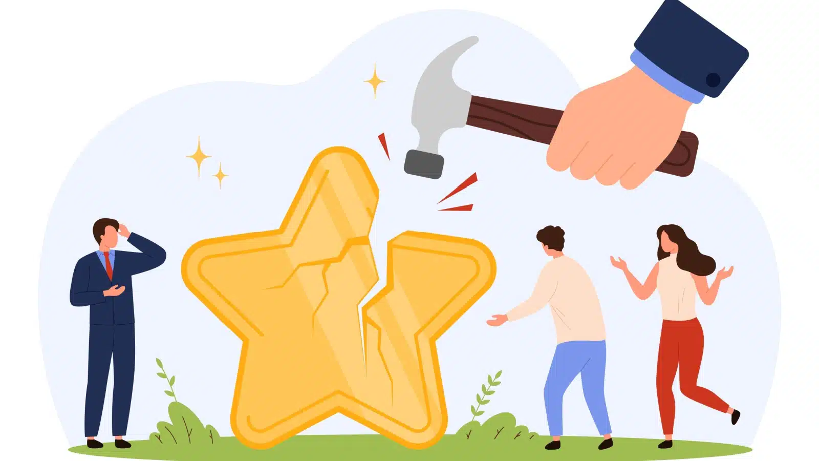 A hammer destroys a giant star, while a couple looks on in destroy, representing how easy it is to shatter your reputation.