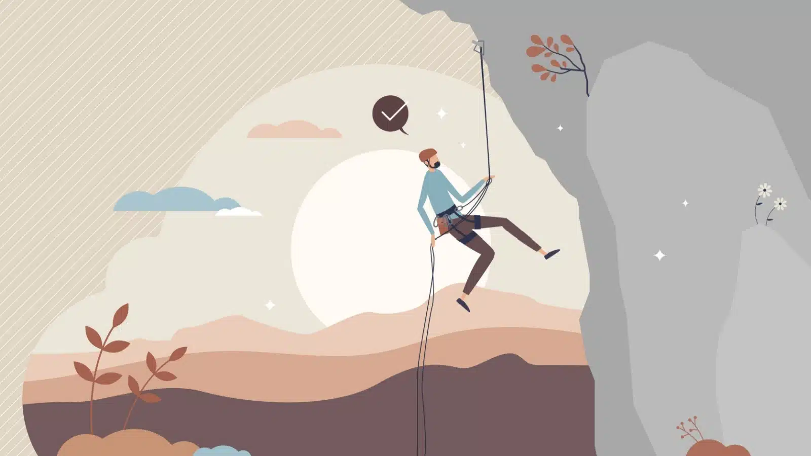 Illustration of a rock climber rappelling off a cliff to represent dangerous hobbies.
