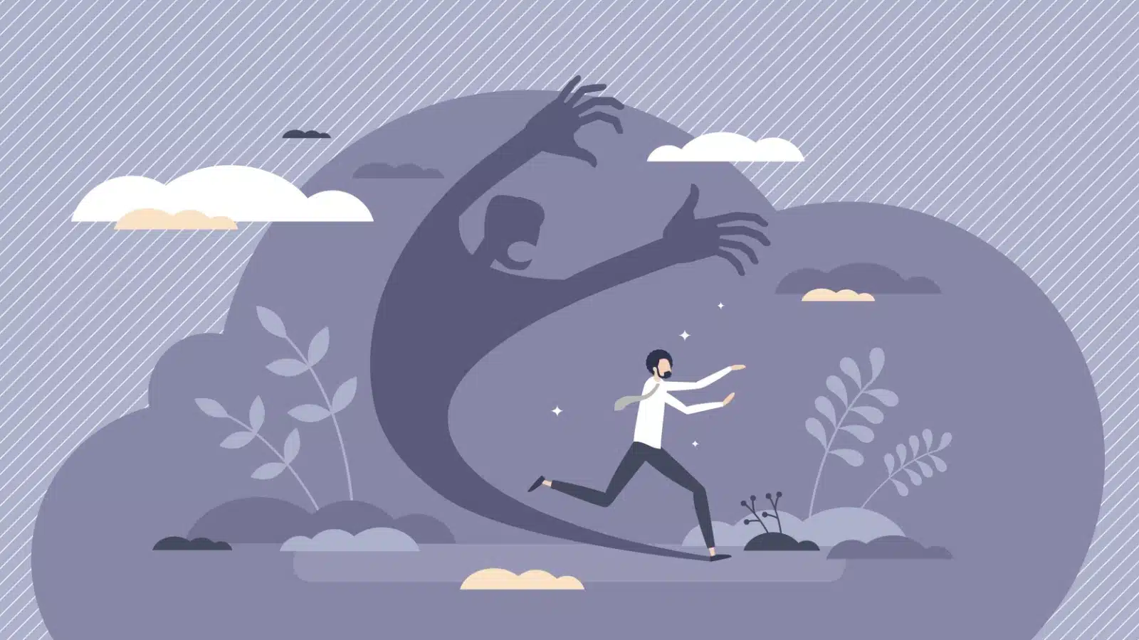 A man struggling with self doubt runs from his own shadow in fear.