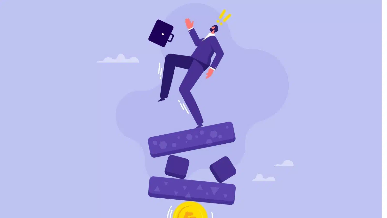 A business man balancing dangerously on the top of uneven platforms.