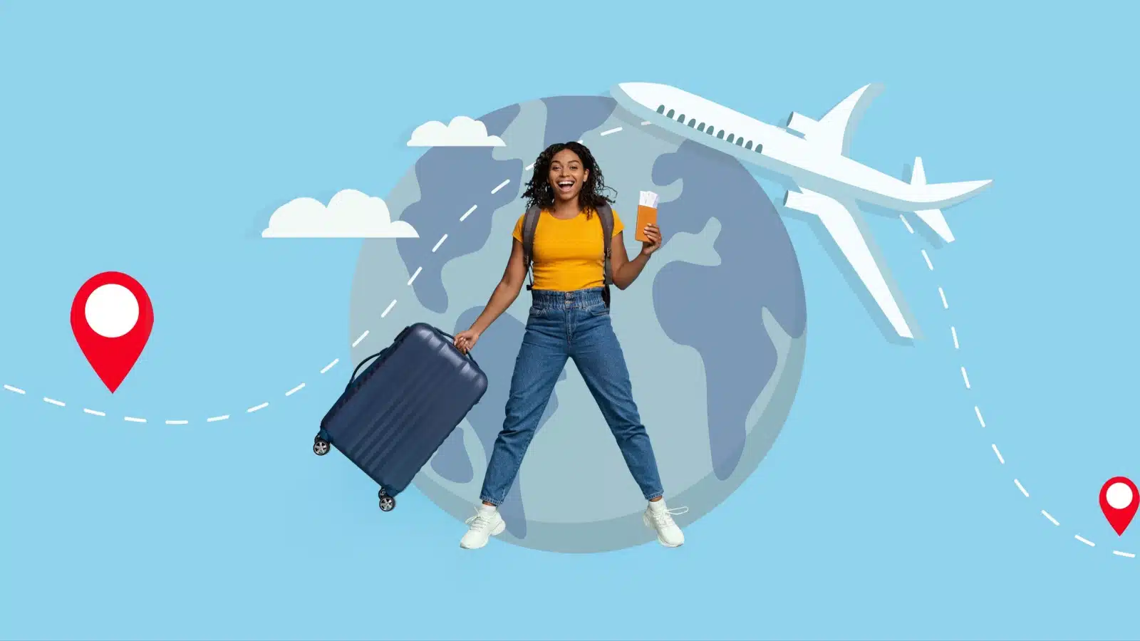 A female traveler standing in front of a graphic featuring a globe and airplane to represent travel hacks. 