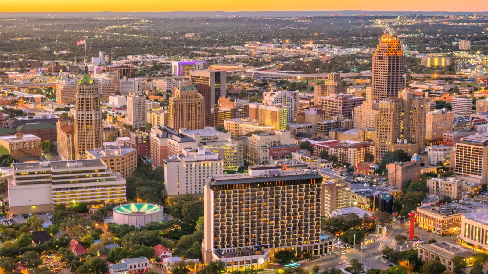 Aerial view of San Antonio at sunset.
