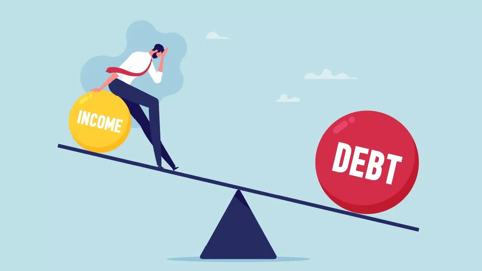 A man is overleveraged with debt, represented by a balance beam with the debt weighing everything down.