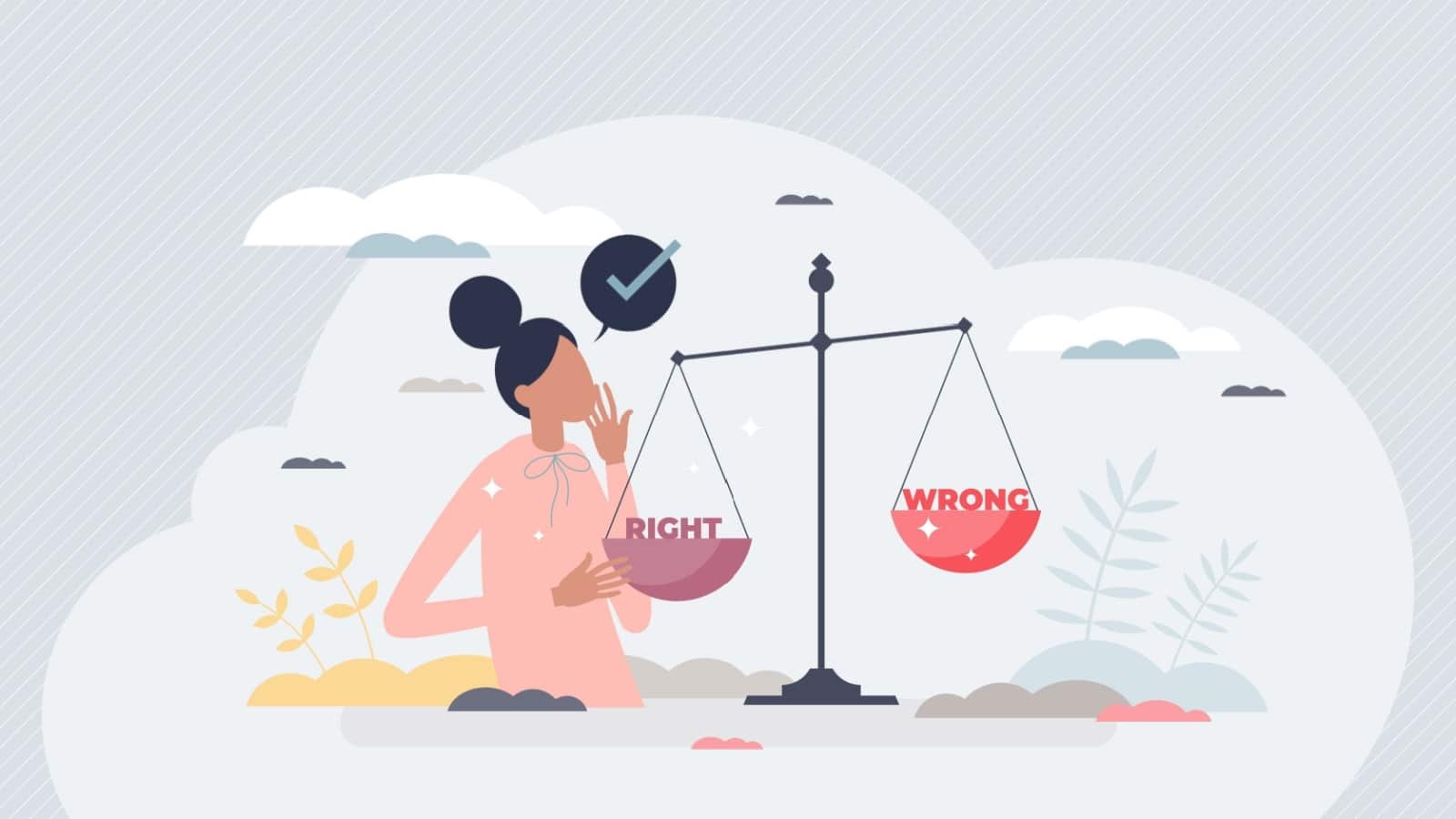 A woman weighs right and wrong to represent core values and ethics.
