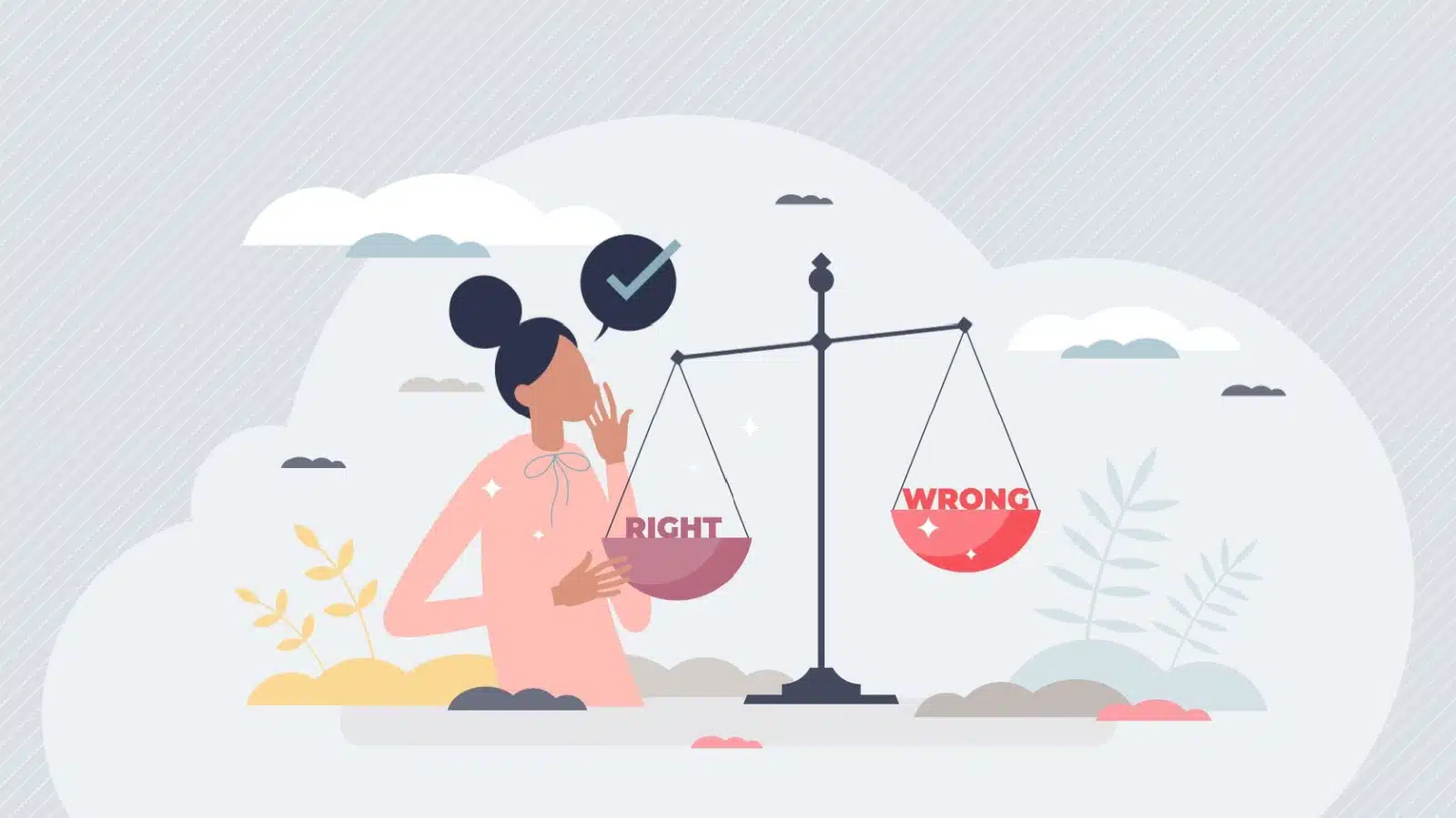 A woman weighs right and wrong to represent core values and ethics.