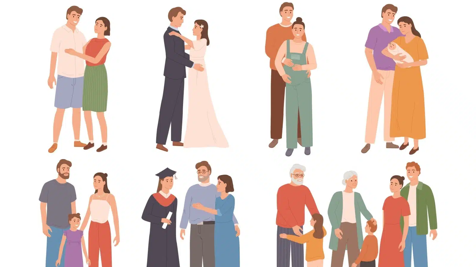 Illustration of a family going through various life stages, from the young couple meeting and getting married to having grandkids.