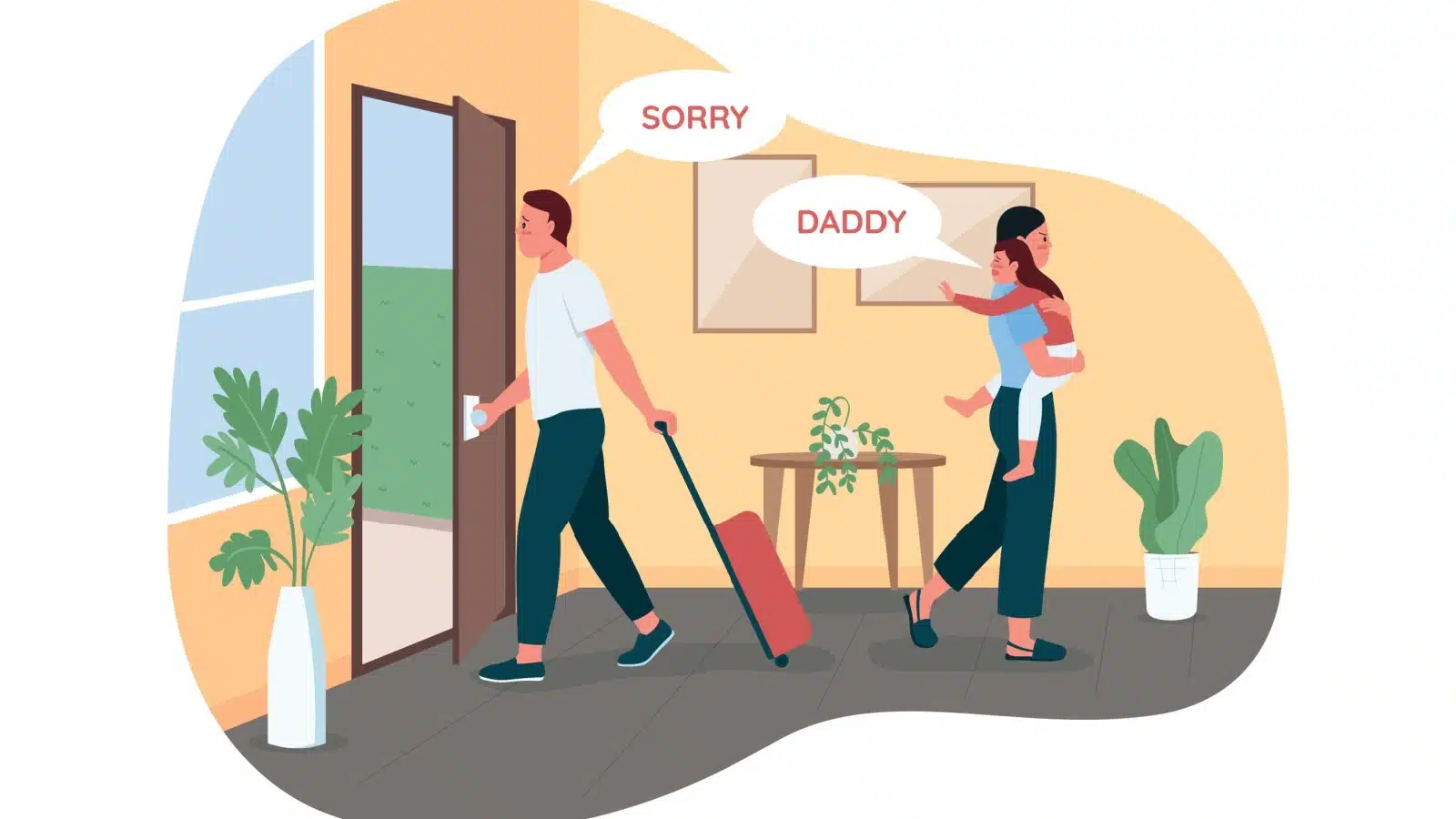 Illustration of a dad leaving the house with a suitcase, while the angry mother holds a crying child to represent fathers who abandon their children.