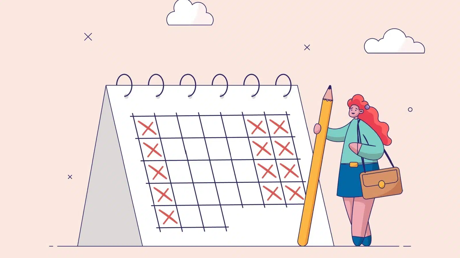 A woman standing next to her schedule that illustrates a four day workweek.