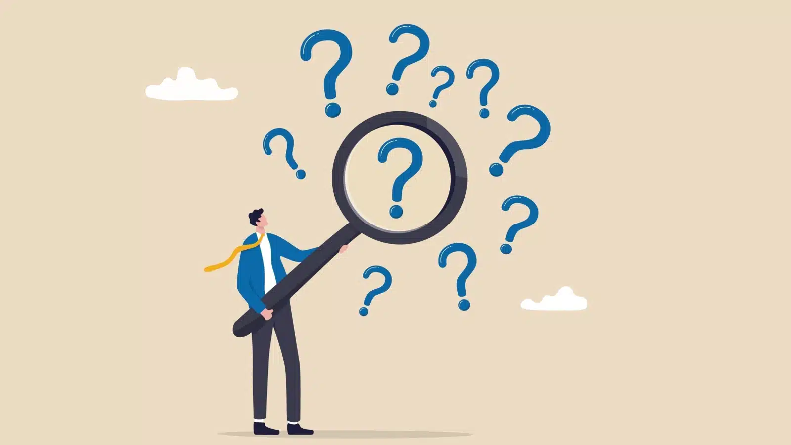 A man holding a giant magnifying glass up to a question mark represents identifying a problem.