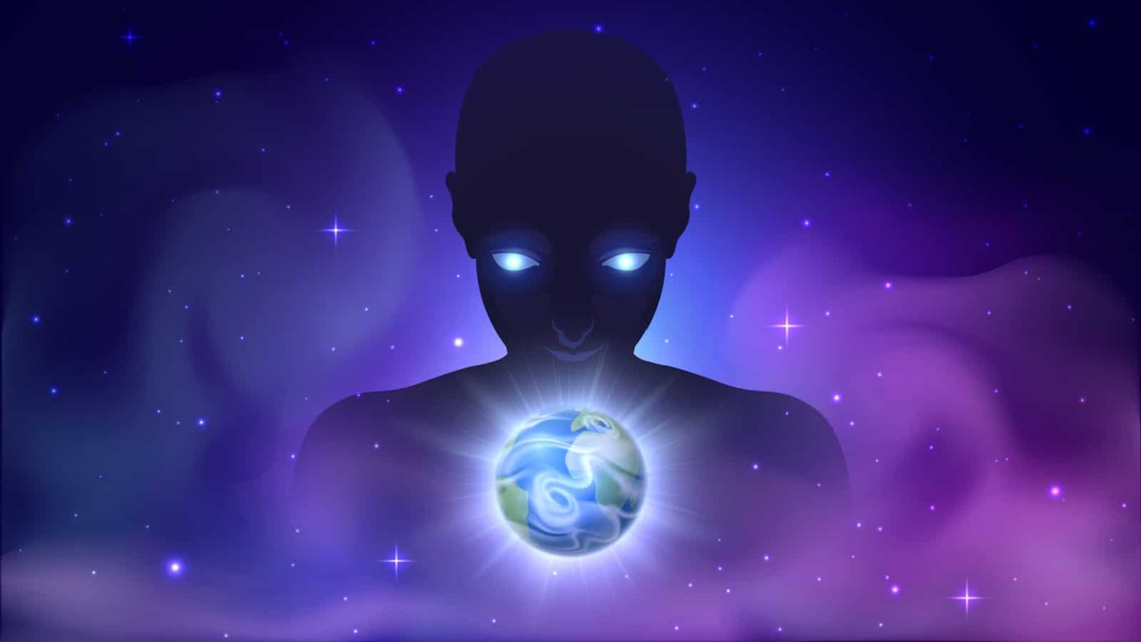 Is god an alien? A massive creator like being looks down on the planet Earth.