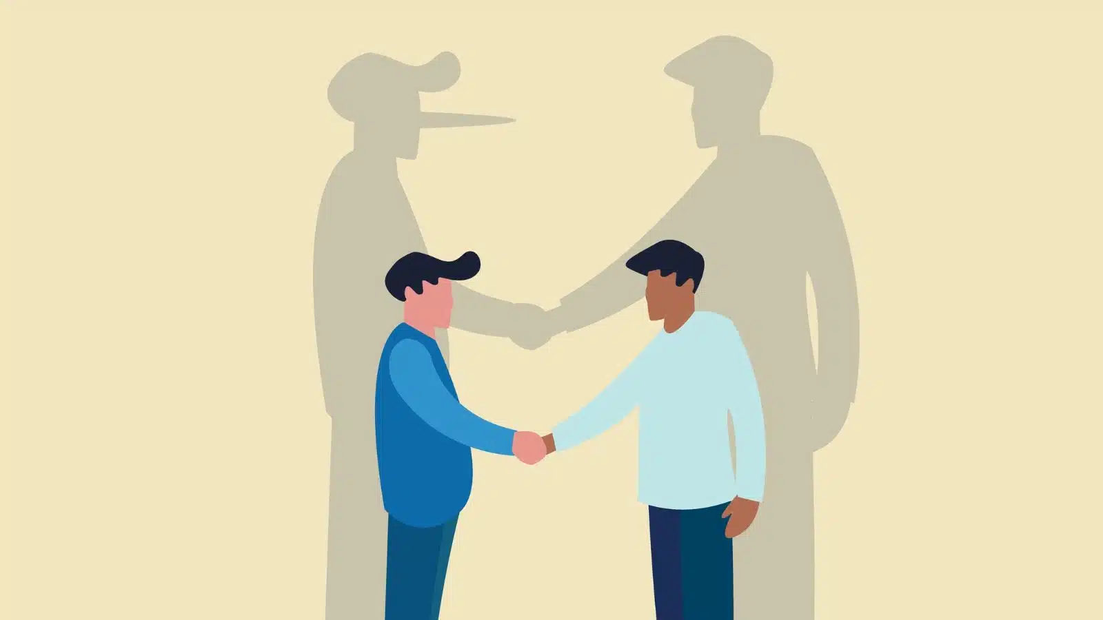 Two men shake hands, but one of them is lying, as evidenced by his shadow showcasing an elongated nose like Pinocchio's. The image represents unfair double standards, hypocrisy, and liars.