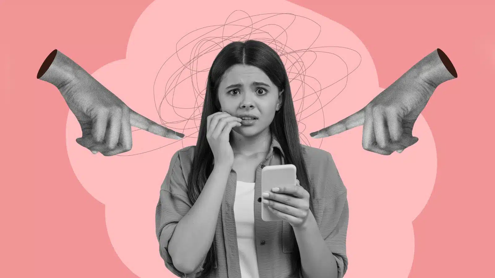 Fingers point at a nervous, insecure teenager who lacks the life skills to handle stress. The image represents life skills lacking in the US.