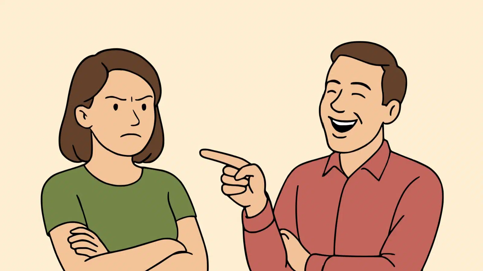 Cartoon image featuring a man laughing at a woman, who is clearly frustrated with him, to represent male behaviors women hate.