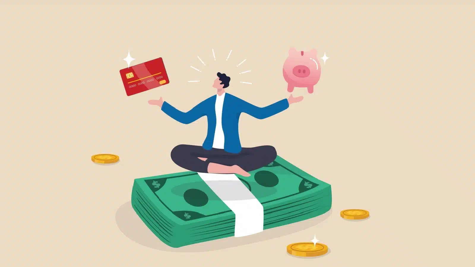 A man sits on a wad of cash deciding if he wants to save it or spend it.