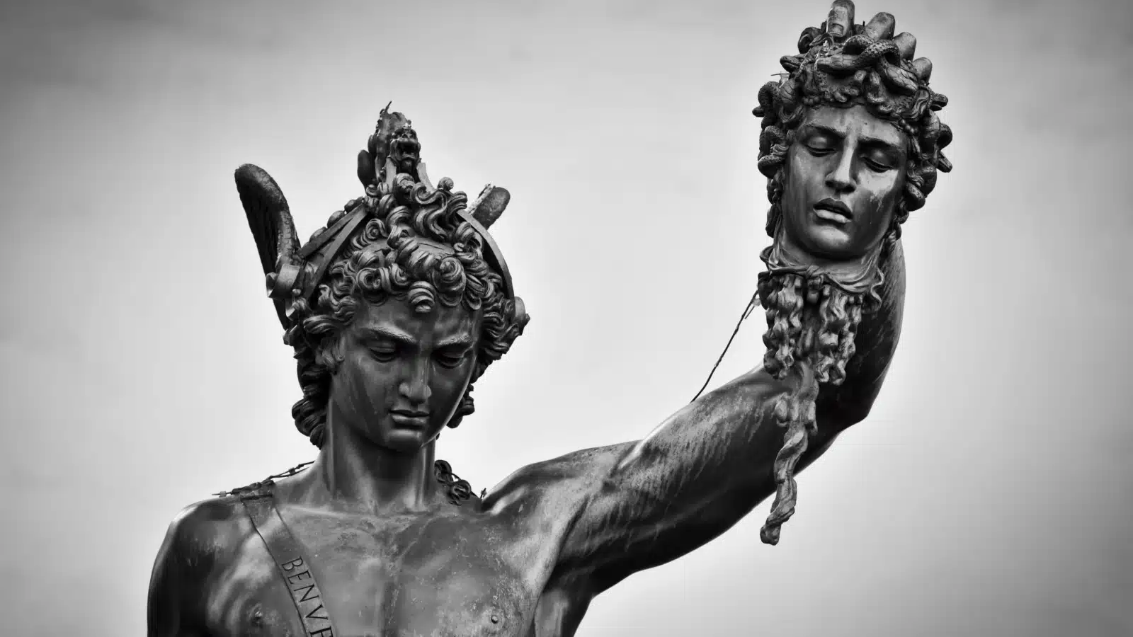 A sculpture of the Greek hero Perseus holding the severed head of Medusa, as described in Ovid's poems. 