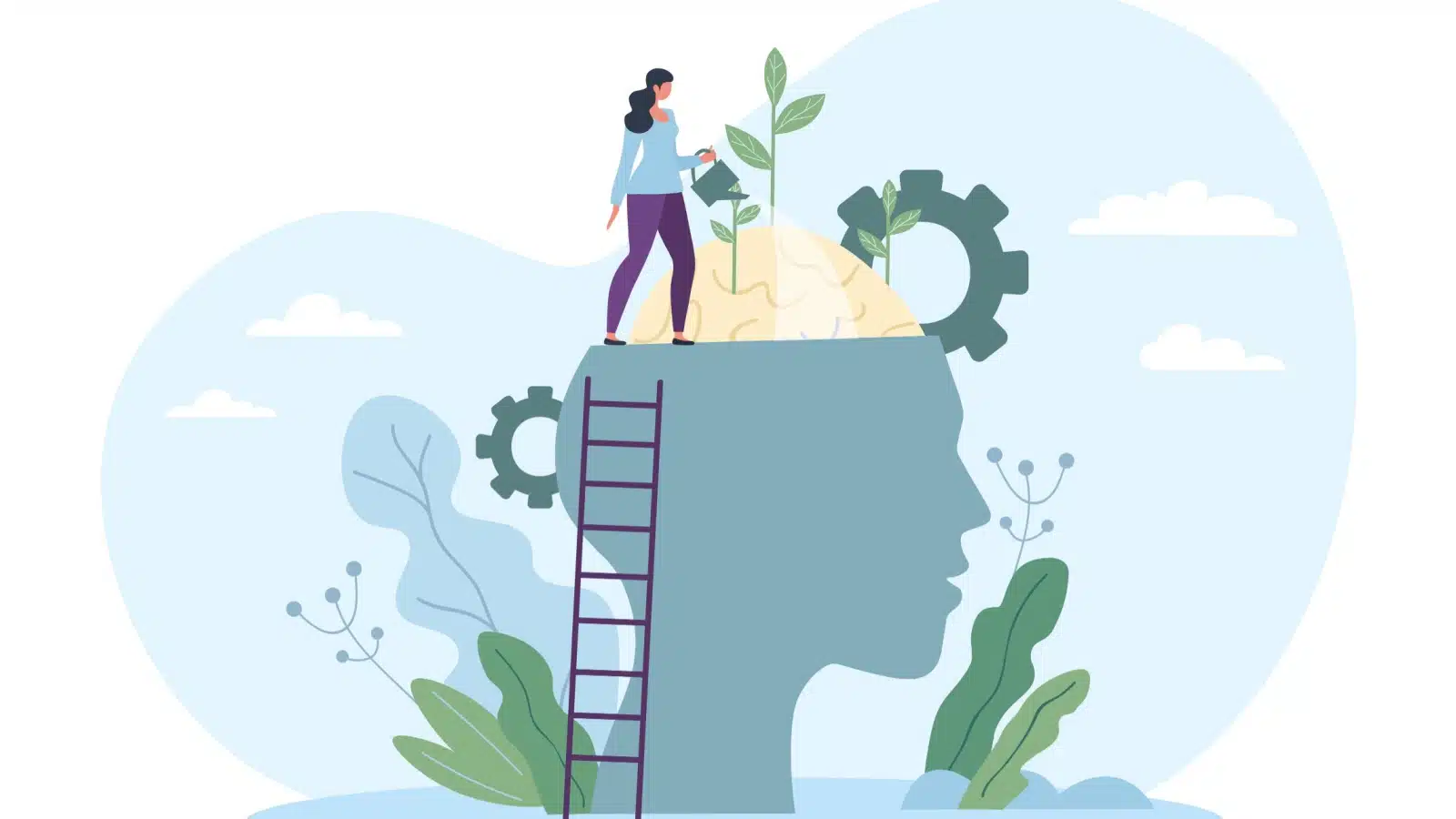 Graphic of a woman watering the plants in her mind to represent personal growth. 