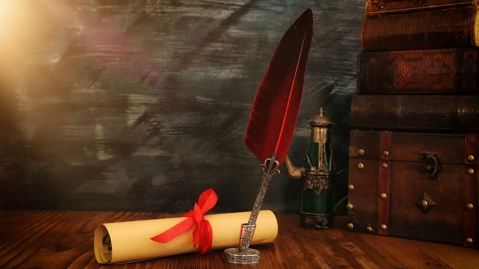 a quill and a wrapped up writing scroll to represent famous poets.