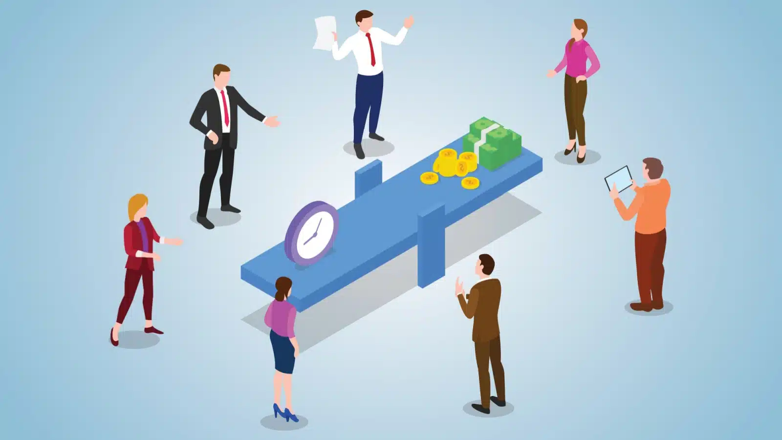 Workers stand around a table with balanced productivity (represented by time) and wages (represented by money).