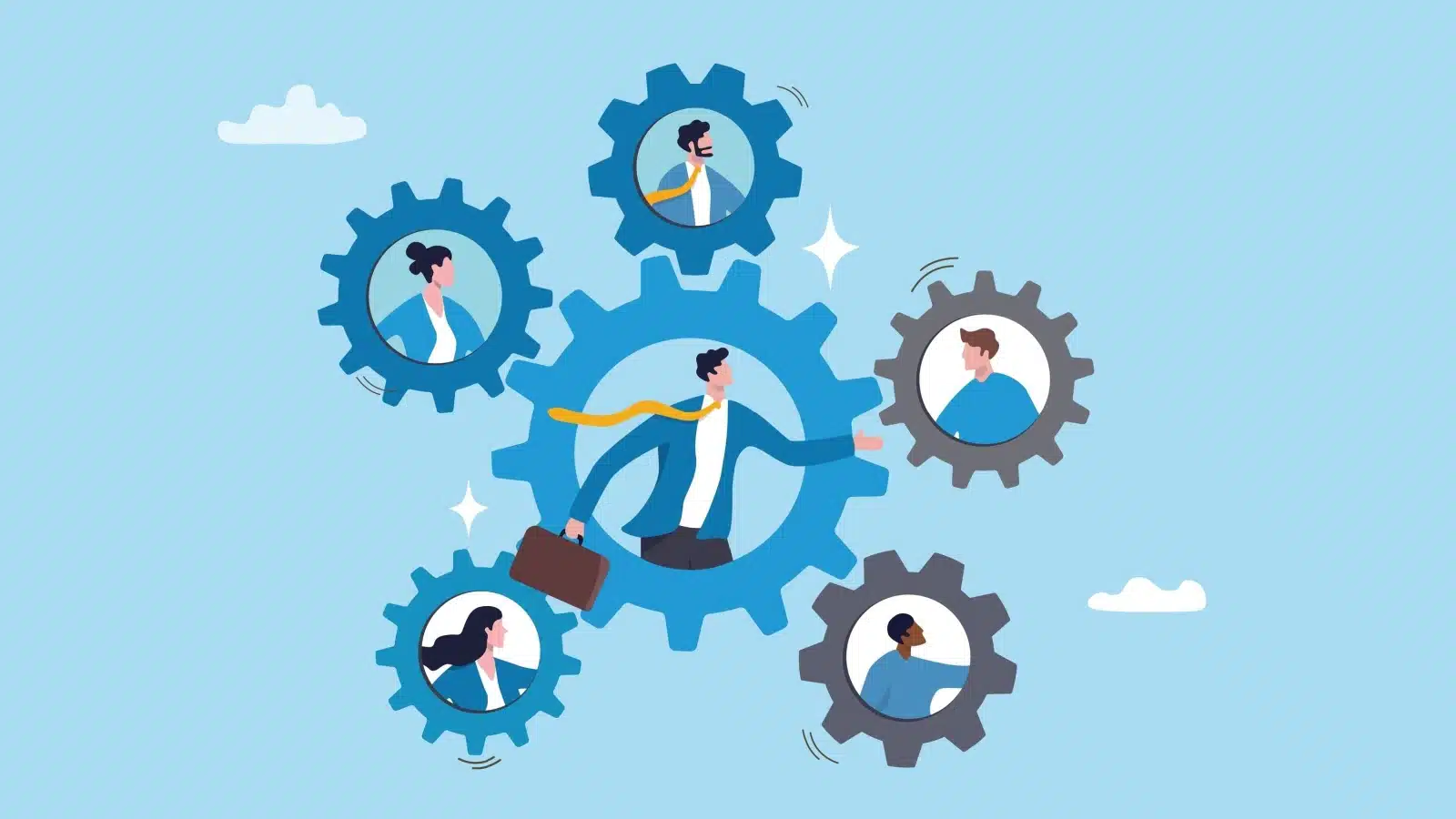 Business people in different gears who have to each do their part to get the gears to all turn to represent responsibility and teamwork.