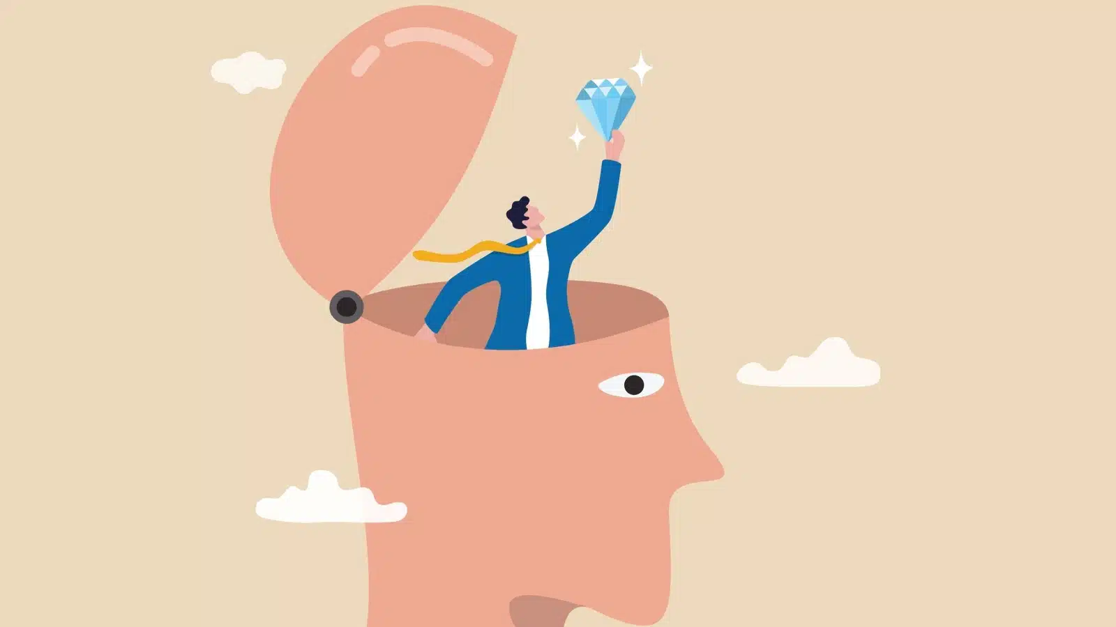 A man finds a diamond inside his head to representing discovering your core values.