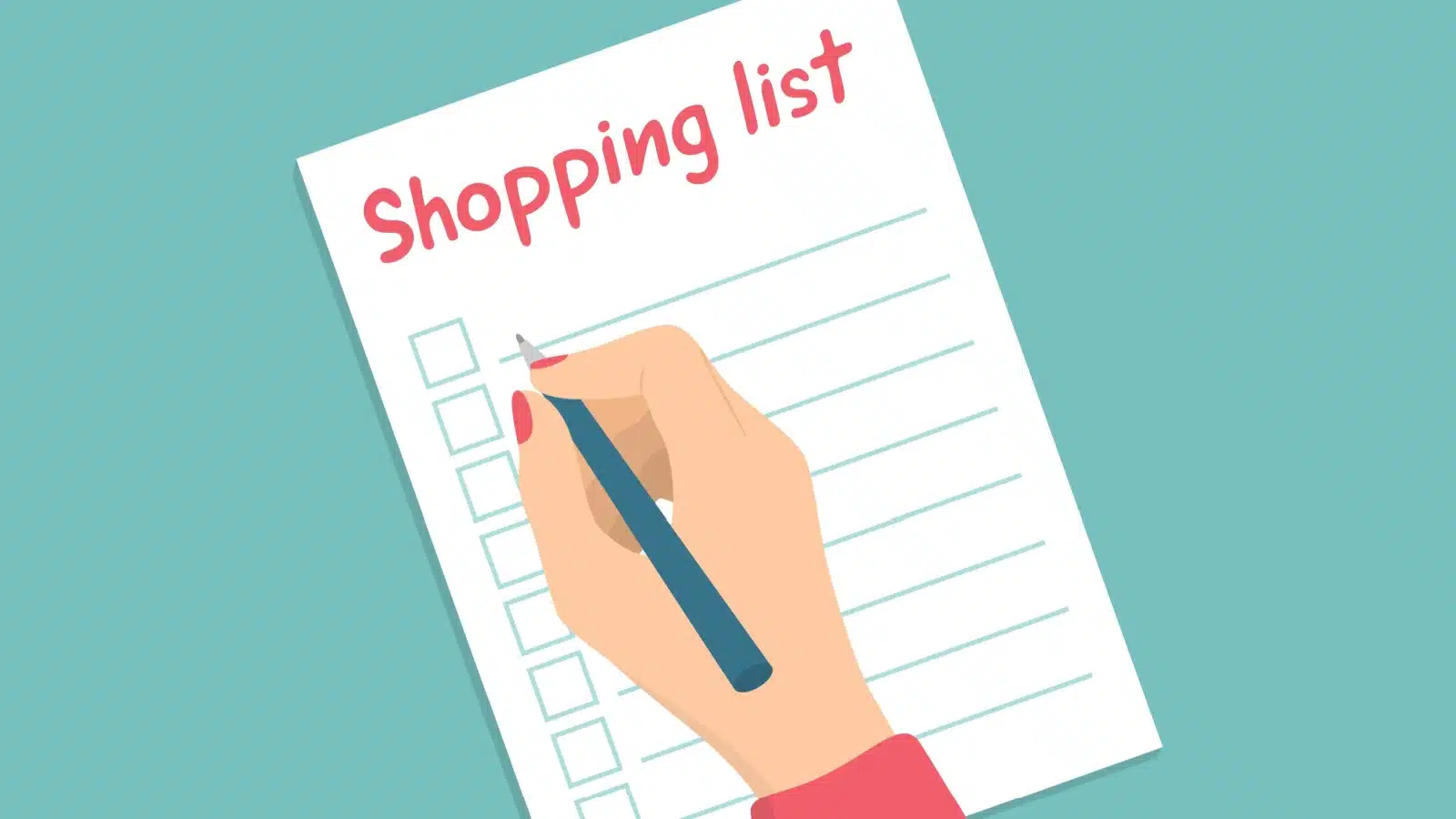 Illustration of a woman's hand writing out a shopping list.