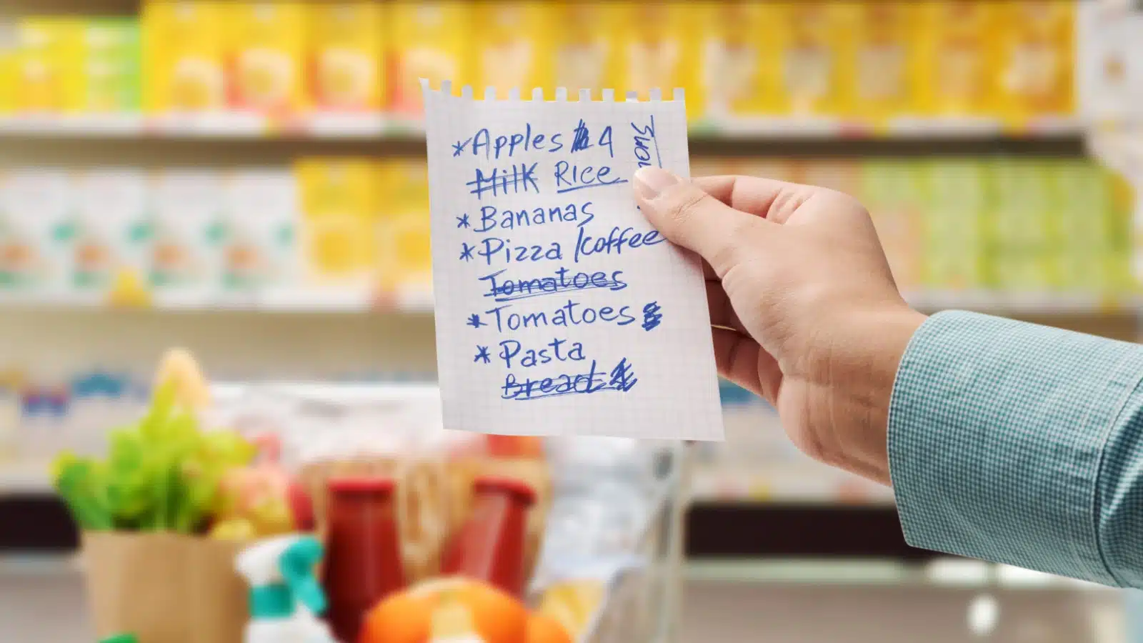 A woman holds a simple grocery list with a few items on it. 