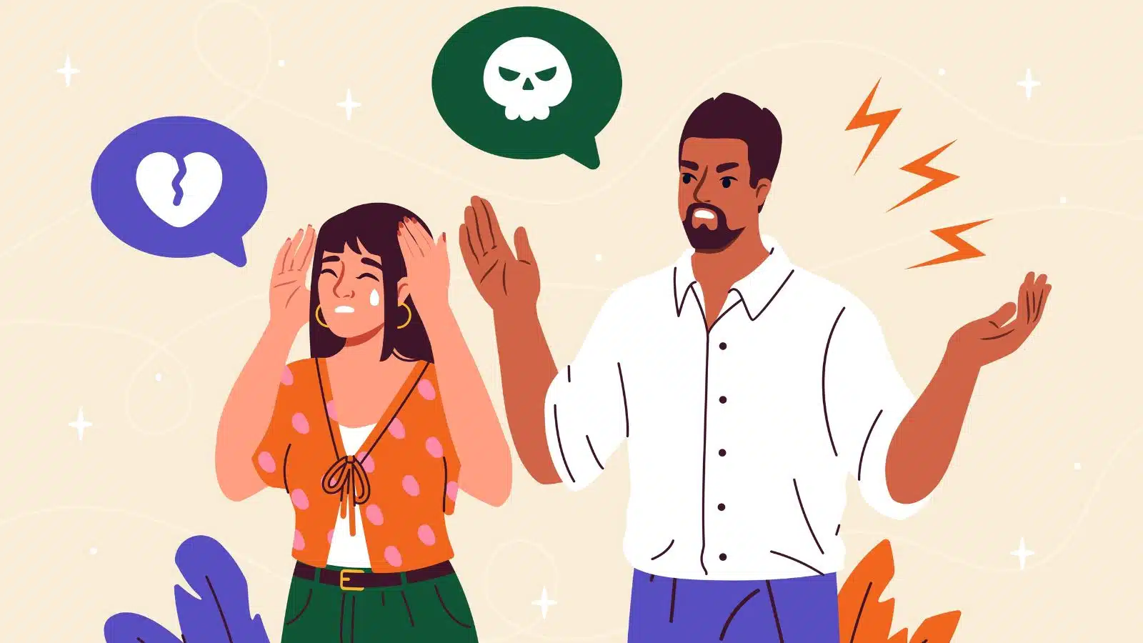 Graphic of a couple arguing to represent toxic relationship tropes.