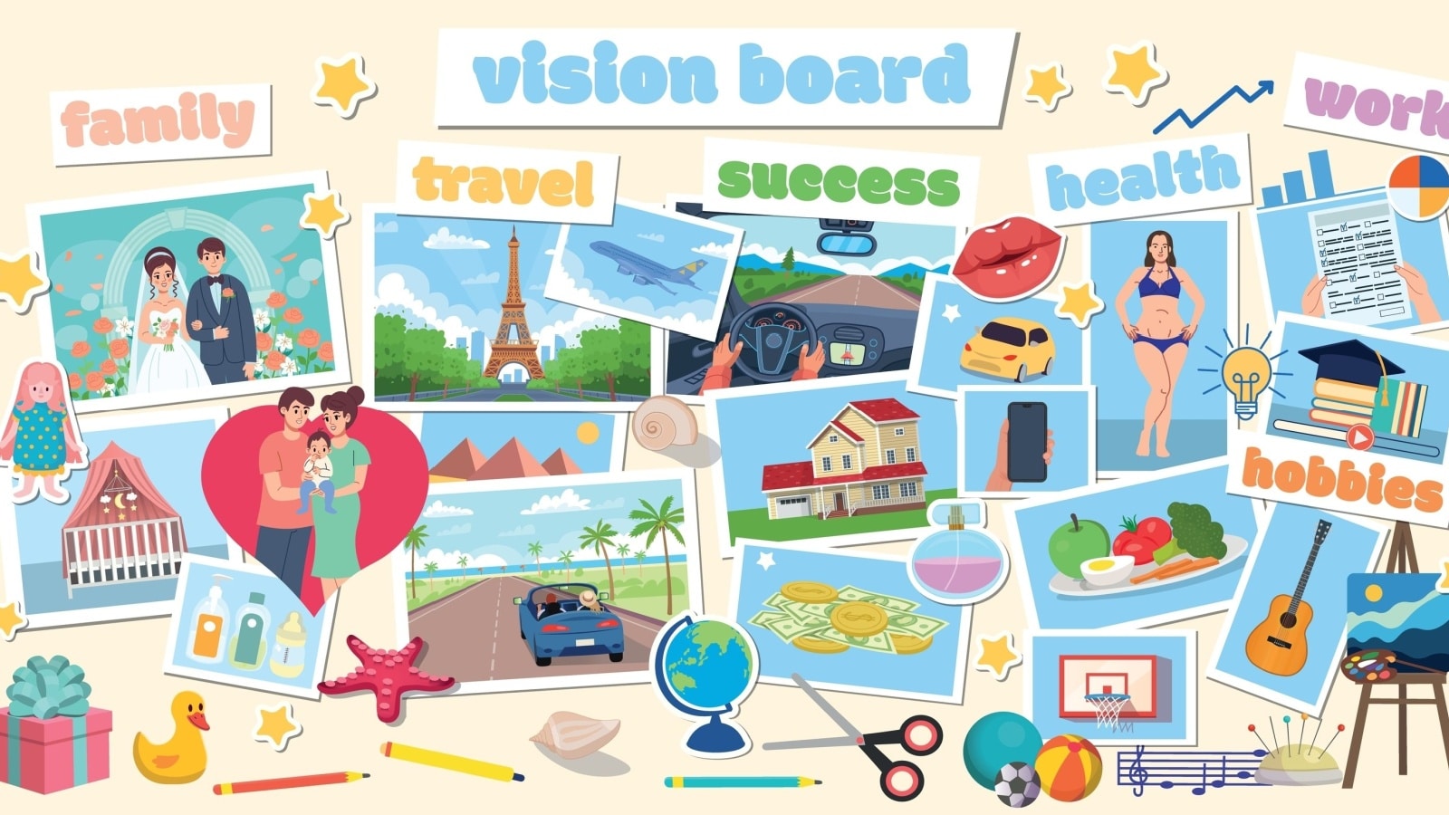 A graphic of a massive vision board with sections for important aspects of your life to represent vision board ideas.