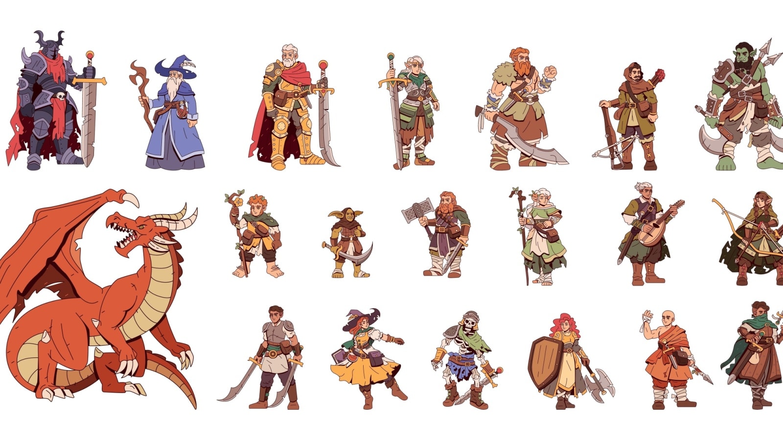 A graphic showcasing a wide range of medieval fantasy figures to represent the range of Dungeons & Dragons Character alignments.
