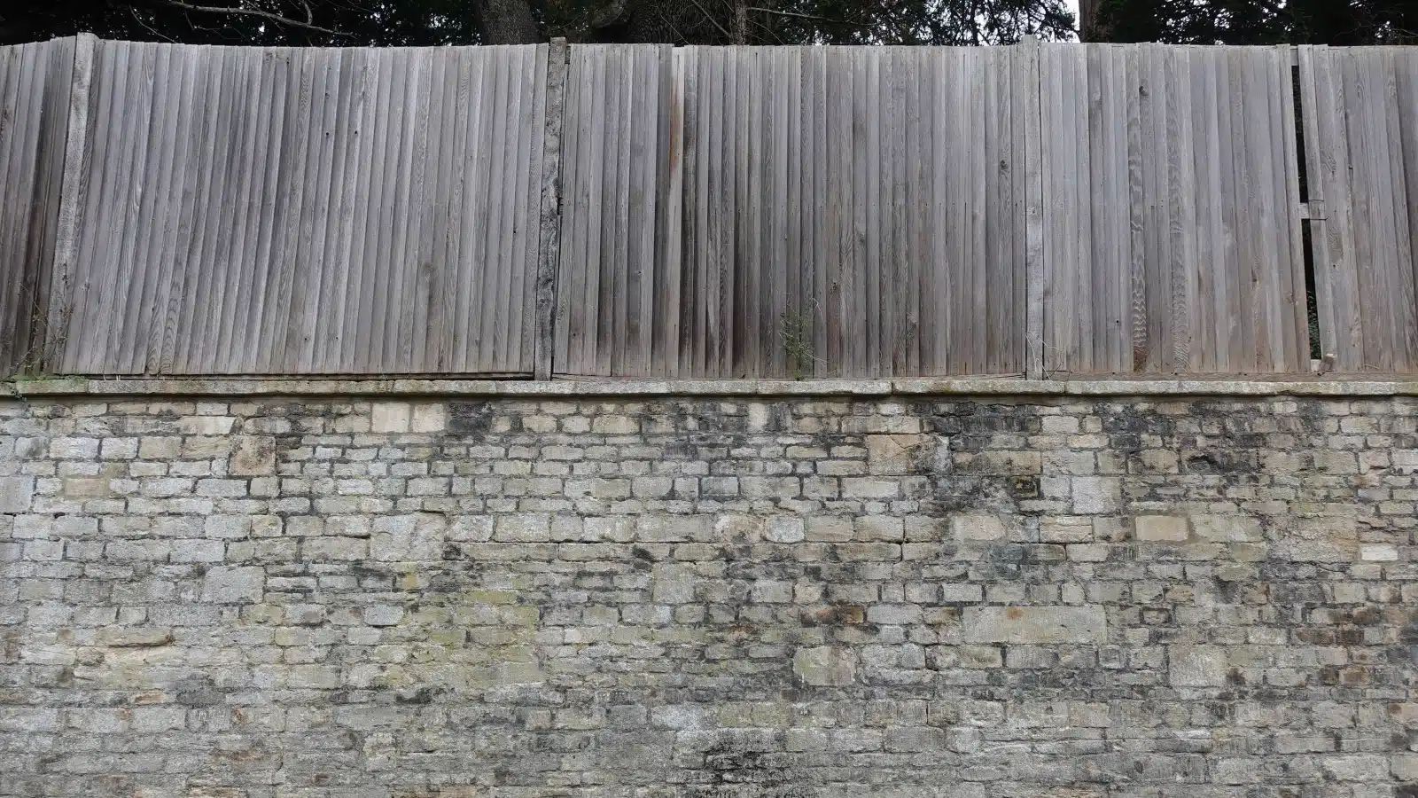 A big wooden fence blocks the view. 